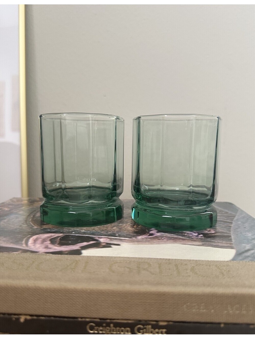 Set Of 2 1970s Anchor Hocking Essex Light Green Tumbler Glasses Vintage Barware